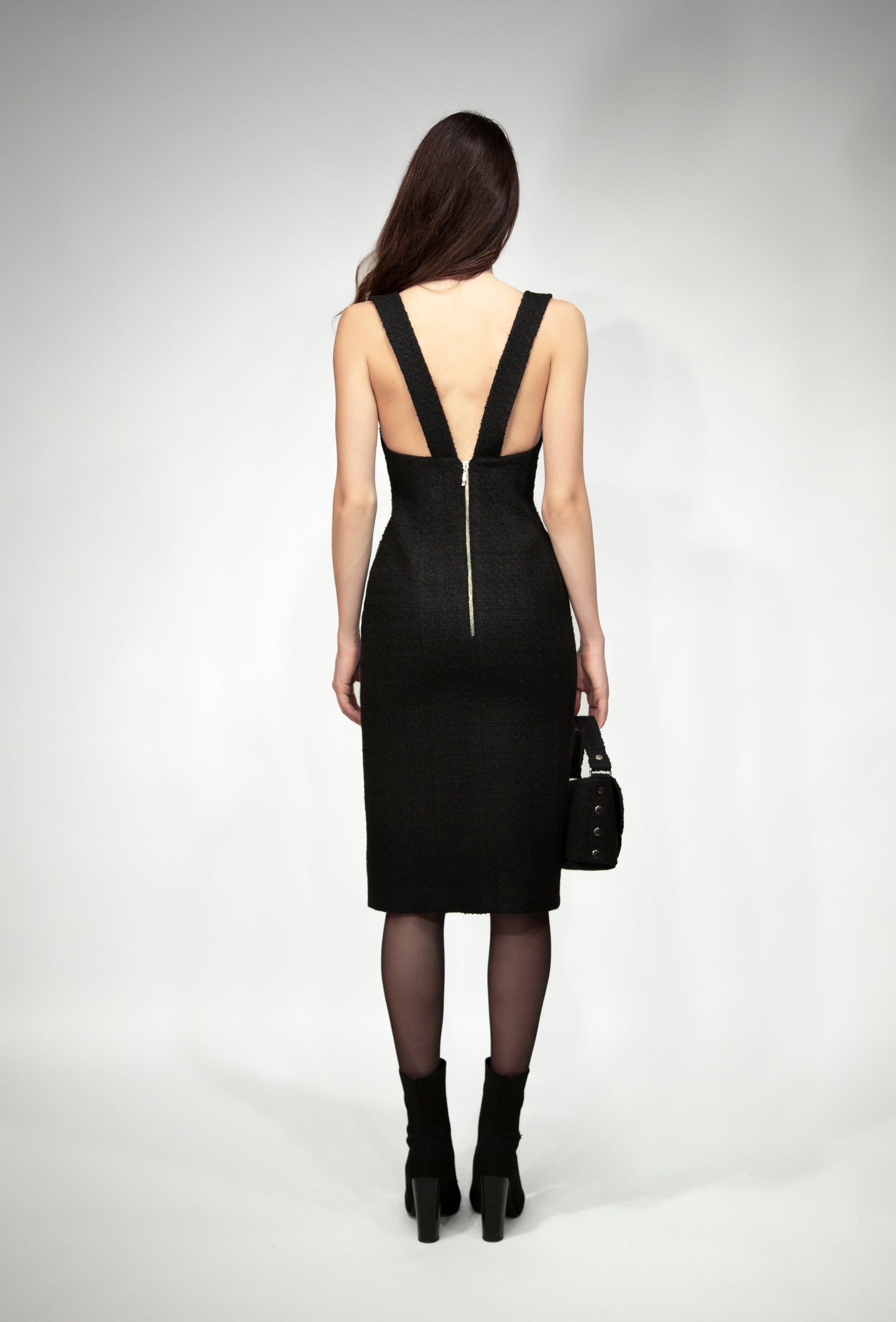 Tweed dress with buckle straps, black