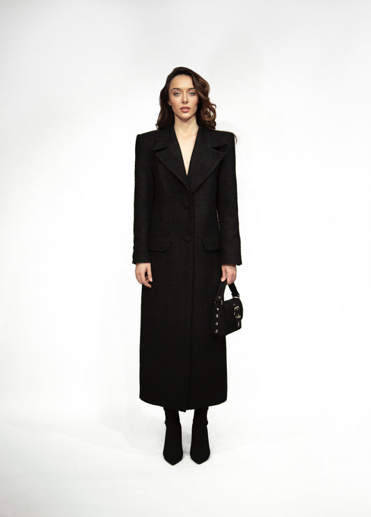 Tweed long coat, black